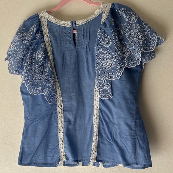 Anthropologie Light Blue Eyelet Lace-Trim Flutter Sleeve Top - Picture 10 of 16